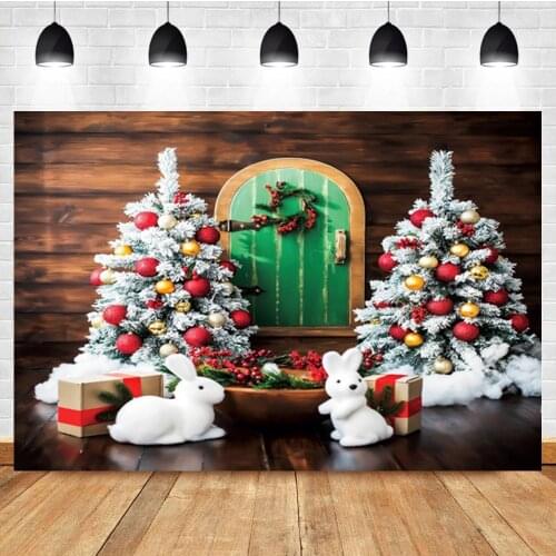 Laeacco Christmas Tree White Bunny Gift Wooden Board Baby Birthday Photo Photography Backdrop Photo Background For Photo Studio