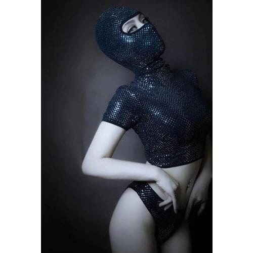 Summer Nightclub Bar Women Rave Outfits Black Head Cover Tops+Pants Pole Dance Clothing Gogo Party Performance Dj Wear VDB3383