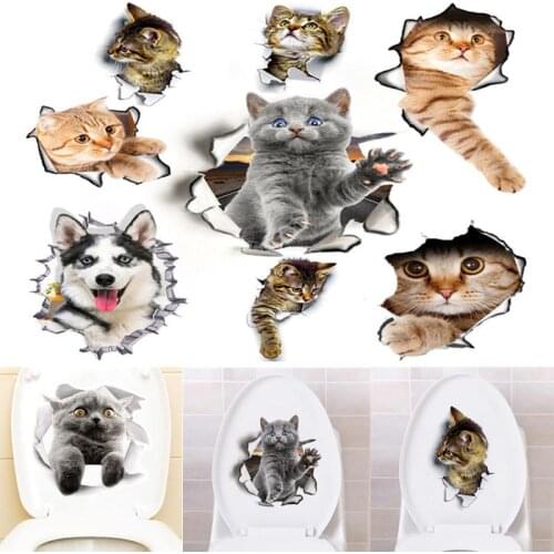 Cute 3D Animal Kitten Combination Toilet Sticker Bedroom Living Room Decoration Waterproof Combination Sticker Wall Decals