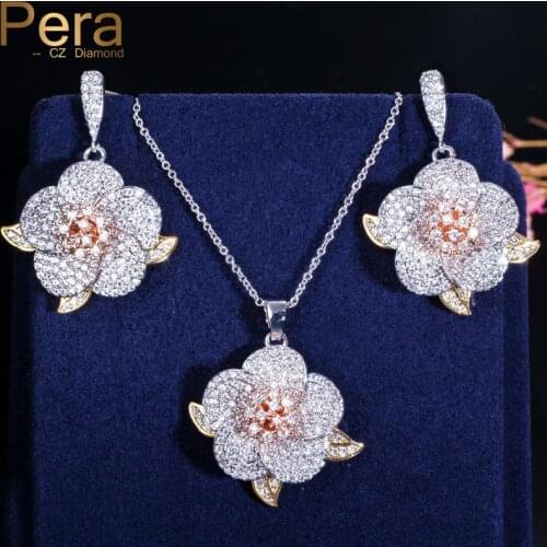 Pera Fashion Ladies Big Rose Flower 3 Tone Jewelry Set Long Dangle Rose Gold Pendant Necklace And Earrings for Women Party J095