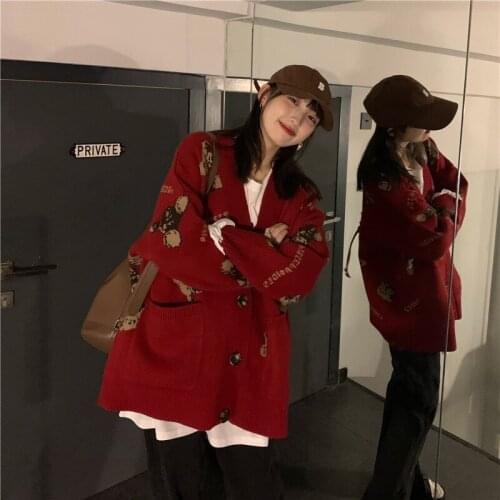 Autumn And Winter Knitted Cardigan Loose Lazy Style Knitted Sweater Jacket Retro Bear V-neck Knitted Cardigan Women Jacket