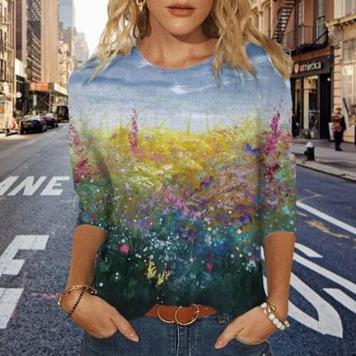 Landscape Painting 3/4 Sleeve Shirt Women Casual Print Top Blouse Summer Printing Casual Hem Irregularity Female Fashion