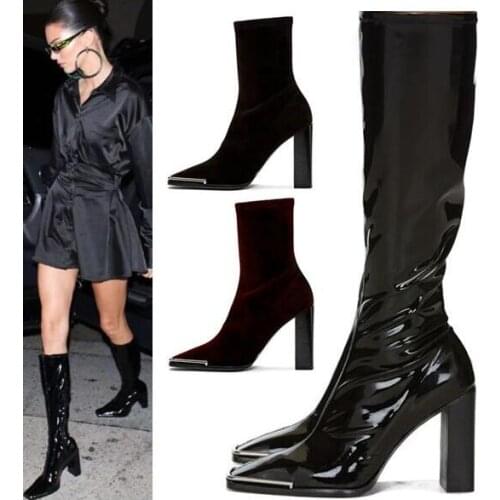 Moraima Snc Square Toe Thick Heels Runway Boots Metal Decorations Celebrity High Heel Boots Stretch Fabric Knee High Boots