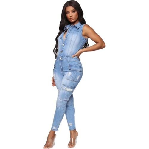 Casual Slim Sleeveless Stretch Ripped Jeans Jumpsuit Denim Playsuit 2021 Summer Cotton Jump Suit Party Club Overalls Cargo Pants