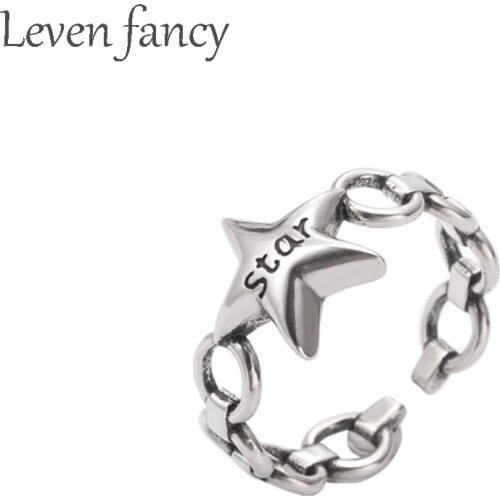 S925 Link Chain Pentagram Star Single Ring Thai Silver 925 Sterling Open Vintage Star Ring for Women Men Hip Hop Jewelry Gifts