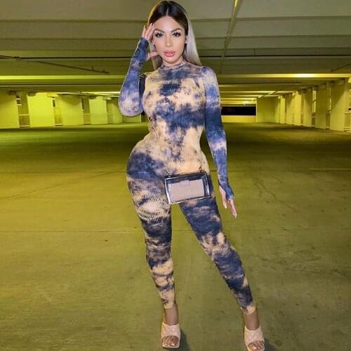 UVRCOS Birthday Outfits Tie-Dyed Printed Sexy Jumpsuit Long Sleeve New Elastic Sportwear 2021 Autumn Streetwear Fitness Playsuit