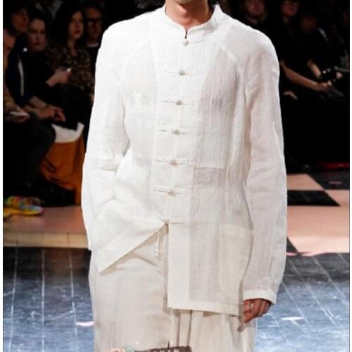 S-6xl ! Plus Size ! Spring And Summer Mens Casual Shirts Long-sleeved Long Top Thin Section Loose Male Stand Collar White Shirt