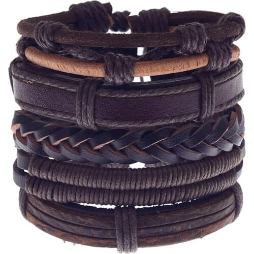 Vintage Handmade Multilayer Leather Bracelet Sets Men Fashion Braiding Coffee Rope Wrap Bracelets & Bangles Male Gift Classic