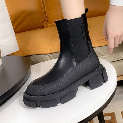 Upscale patchwork motorcycle boots women creepers pu leather riding bottes platfrom shoes stretch fabric mid-calf botas mujer