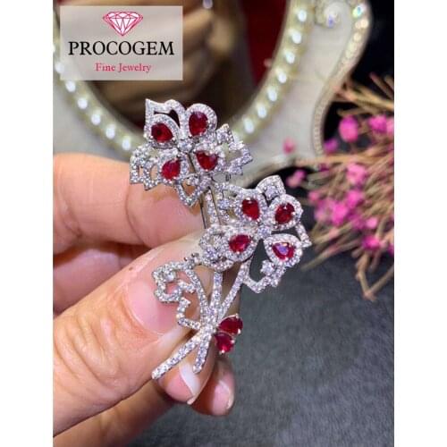 Procogem Natural pigeons-blood Ruby Brooches for Female Party Flowers Genuine gemstones fine Jewelry 925 Sterling Silver #334