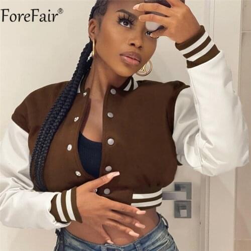 Forefair 2021 Autumn Winter Varsity Jacket Baseball Brown Women Long Sleeve Buttons Red Patchwork Fashion Casual Loose Y2k Coat