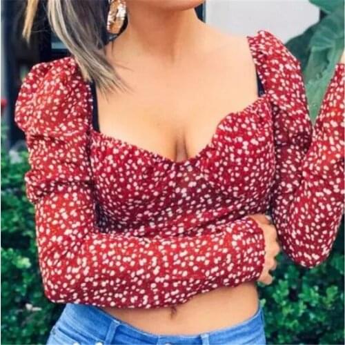 2020 Women Square Neck Shirts Long Puff Sleeve Ruffle Bodycon Shirt Floral Print Short Blouse Sexy Slim Fit Blouse Female Blusas
