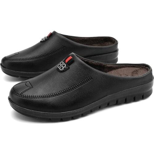 Womens PU Leather Waterproof Winter Slippers Plush Warm Comfortable Wedge Mother Shoes Women Fashion Solid Color Slip On Loafe