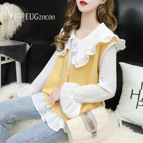 2020 Knitting Women Vest And Peter Pan Collar Blouse Women Sets Autumn Sweet Female Sets