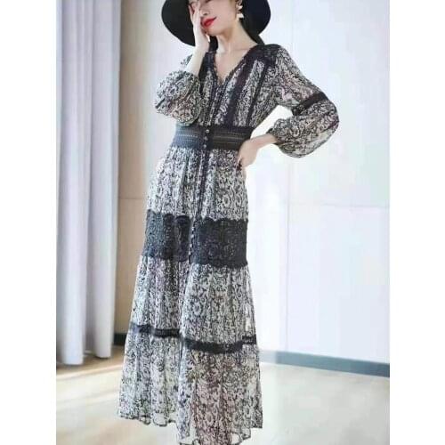 Elegant fairy skirt floral skirt lace stitching dress 2021 summer new womens lantern sleeve long dress gray evening dress
