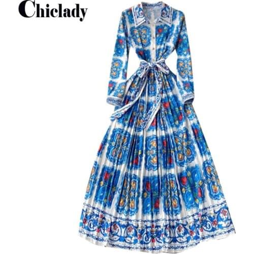 CHICLADY vintage maxi dresses women blue and white floral printed maxi full sleeve lady plus size single breasted boho vestidos