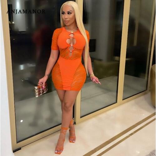 ANJAMANOR Sexy Hollow Out Sheer Mesh Bodycon Dresses for Women 2021 Summer Club Wear Black Short Sleeve Mini Dress D82-CD14