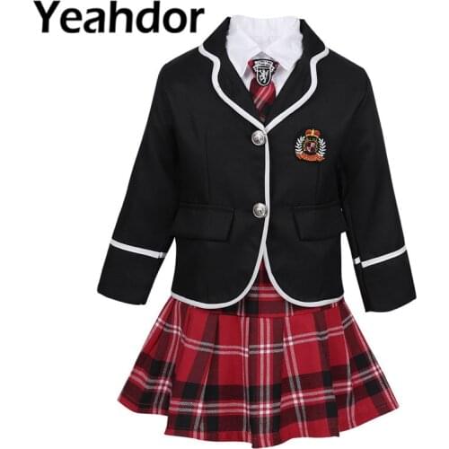 Kids Girls British Style School Uniform Student Uniforms Suit Long Sleeve Coat with Shirt Tie Mini Skirt Set Child Anime Costume