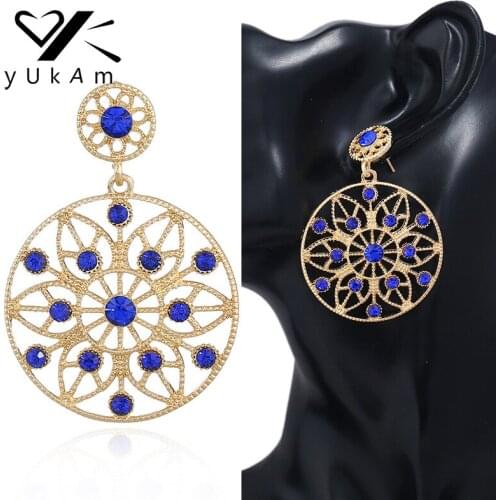 YUKAM Bohemian Ethnic Big Exaggerated Long Earrings Royal Blue Crystal Dangle Drop Earrings Pendant Female for Women Ear Jewelry
