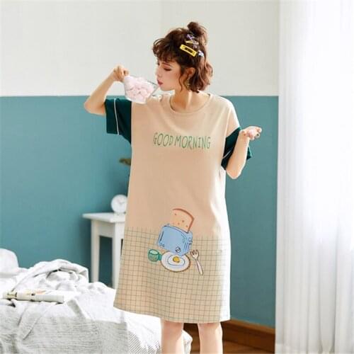 Home service nightdress summer short-sleeved womens stretch cotton Korean sports loose and cute bathrobe pijama