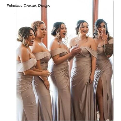 Elegant Mermaid Long Bridesmaid Dresses Off Shoulder Pleated Side Split 2021 Wedding Party Dress Robe De Soirée De Mariage