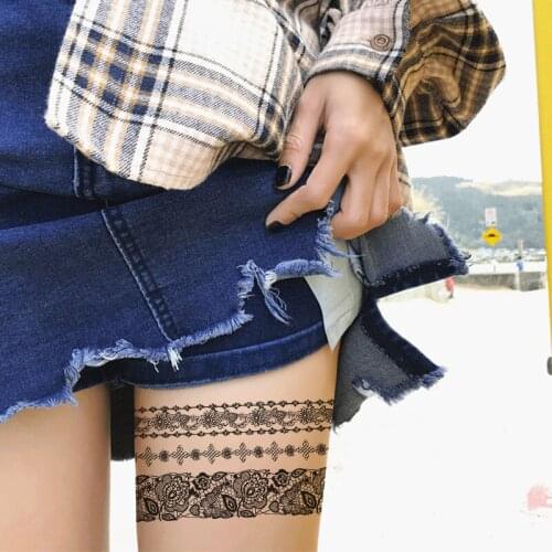 Henna style Sexy black Lace Stocking Fake Flash Tattoo for Girl Women Waterproof Temporary Tattoo Sticker on Body Leg ring