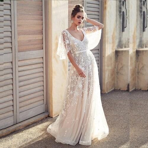 2020 Lace Wedding Dress Bohemian V-neck floor length Batwing sleeve backless gorgeous Sweep Train blush pink Brides gowns