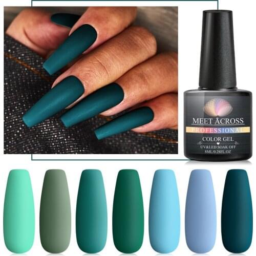MEET ACROSS Matte UV Gel Nail Polish LED Nail Varnish Green Blue Gel Lacquer Long Lasting Gel Soak off Matte Top Coat DIY Design
