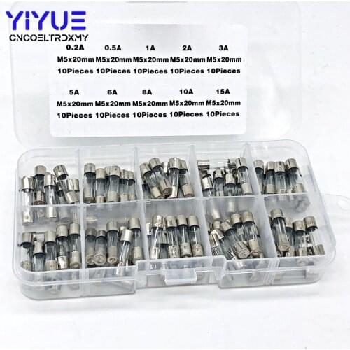 100Pcs Set 5x20mm Electrical Assorted Fuse Amp Fast-blow Glass Fuse Mix Set With Box 0.2A 0.5A 1A 2A 3A 5A 6A 8A 10A 15A