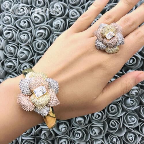 Newness Luxury Flower 2Pc Bangle Ring Sets Cubic Zircon jewelry Sets for women Wedding Tricolor African Dubai Bridal Jewelry Set