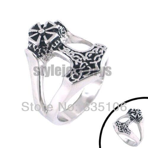 Norse Viking Myth Thor Hammer Ring Stainless Steel Jewelry Classic Celtic Knot Cross Men Ring Wholesale SWR0071A