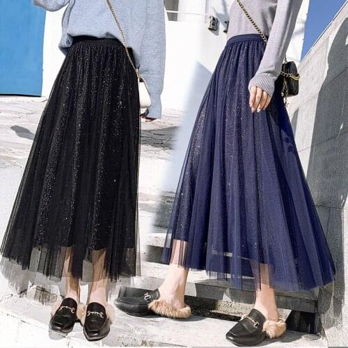 Autumn and winter gold velvet stitching mesh skirt Womens Elastic High Waist Pleated Midi Skirt Lurex Tutu Skirt