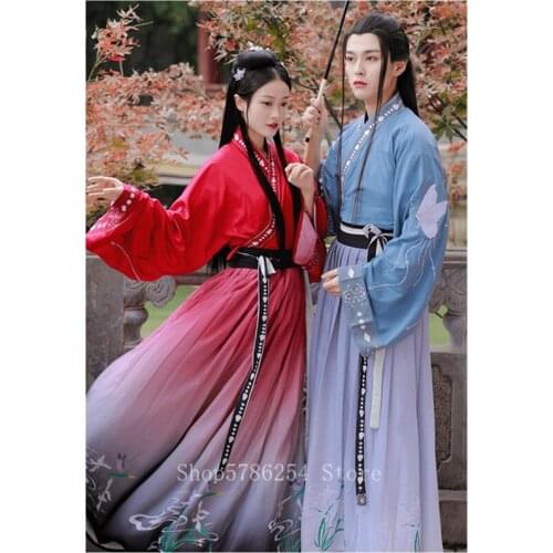 Chinese Traditional Hanfu Dress 3PCS Women Men Couple Fancy Print Kimono Skirt Set Ancient Fairy Vestido Gradient Dance Costume