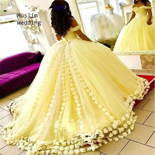Cinderella Yellow Quinceanera Dresses With 3D Floral Flower Ball Gown Puffy Prom Dress 2020 Off Shoulders Sweet 15 Pageant Dress