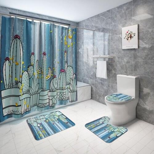 Tropical Cactus Polyester Fabric Bath Curtain Potted Plants Shower Curtains Bathroom Set Anti-slip Rug Toilet Seat Cover Sets