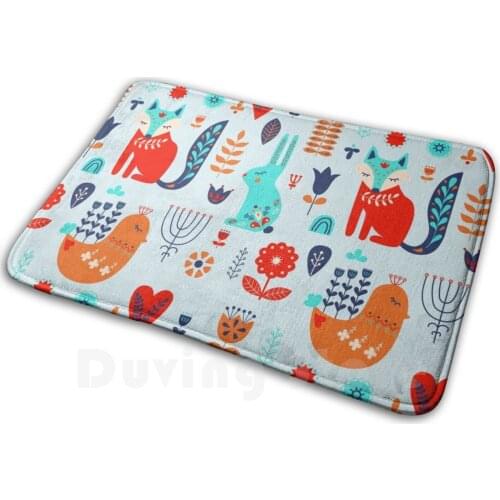 Forest Adorable Flowers Mat Rug Carpet Anti-Slip Floor Mats Bedroom Forest Animals Cute Animals Birds Rabbit Bunny Wolf Foxy