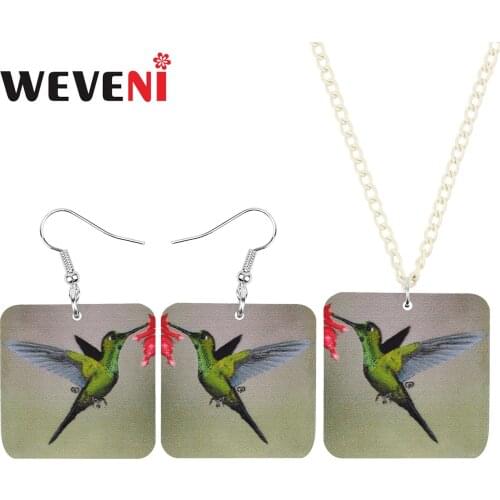 WEVENI Acrylic Square Hummingbird Bird Jewelry Sets Cute Animal Earrings Necklace For Women Teens Kids Birthday Gift Accessories