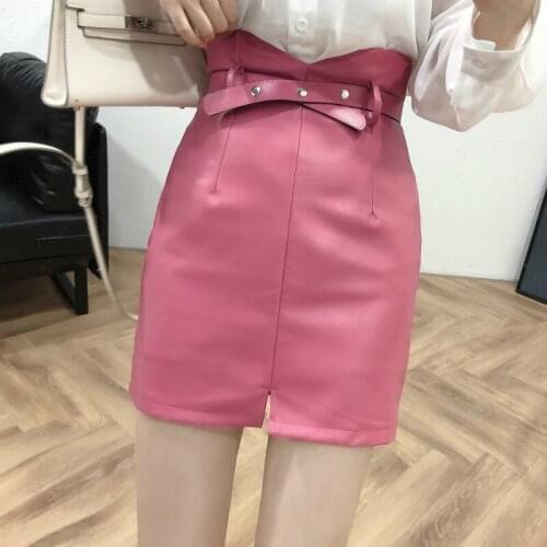 Pink Pu Leather Package Hip Skirt Irregular High-waisted Fashion Lace-up Collect Waist Split A-line Skinny Skirts Women