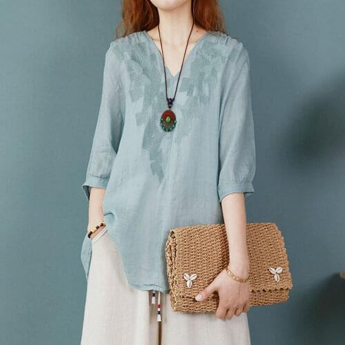 Female Summer Short Short Solid Shirt Vintage Linen V-Neck Casual Loose Tops Harajuku Bohemian Retro Women Shirts Plus Size