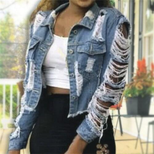 2021 Women Vintage Button Down Distressed Short Denim Jean Jacket Coat With Pocket Worn Hole Lapel Fashion Womens Denim Coat