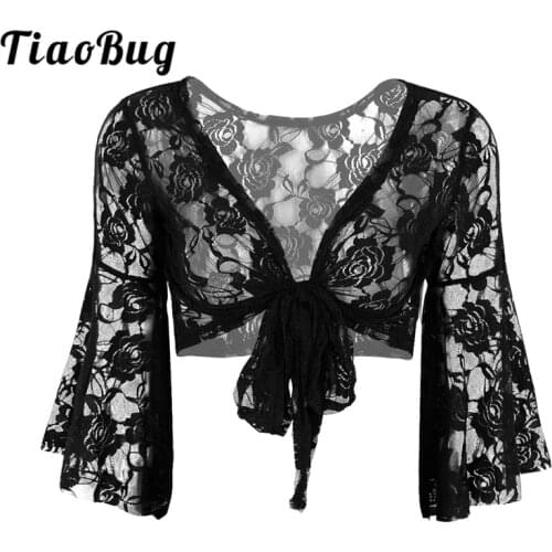 TiaoBug Women Long Flare Sleeve Butterfly Lace Ballerina Shrug Top Ballet Lyrical Dance Costume Cover Up Cardigan Wrap Dancewear