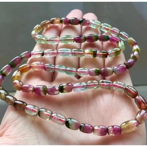 Genuine Natural Watermelon Tourmaline Crystal Transparent Beads 3 Laps Women Stretch Bracelet 6*9mm AAAA