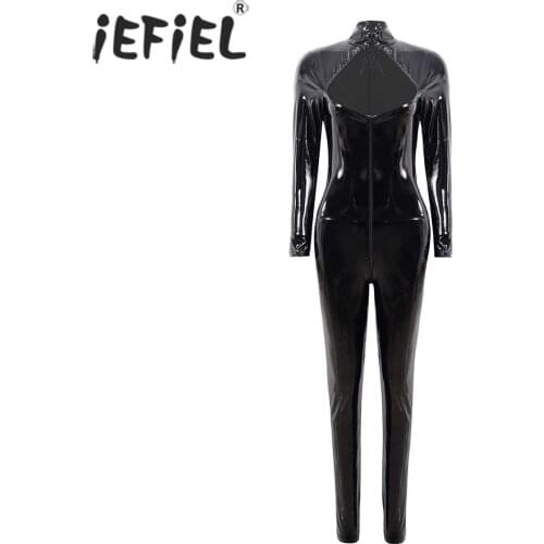 Womens Femme Body Latex Wet Look Jumpsuits Leather Cutout Front Skinny Bodysuit Long Sleeve Zipper Slim Fit Clubwear Costumes