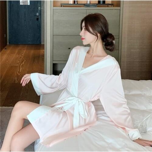 Women Sexy Robe Ice Silk Long Sleeve Sling Bath Robe Night Wear Nighties Autumn Spring Cute Hooded Kimono Robes Plus Size 2xl