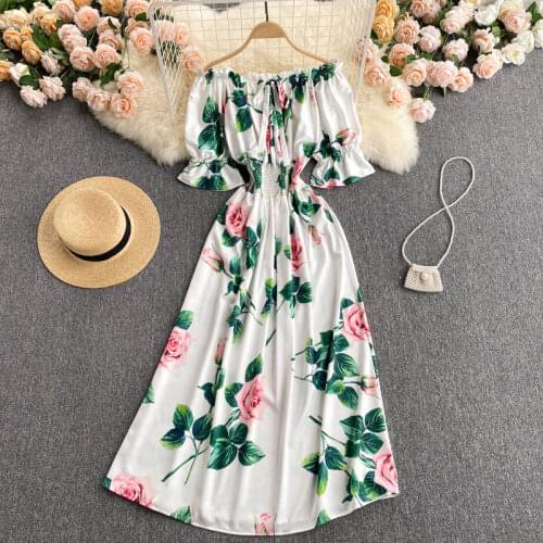 Elegant Ruffles Edge Off Shoulder Flare Sleeves Pleated Elastic Waist Slim Long Dress Women High Quality Flower Print Mid Dress