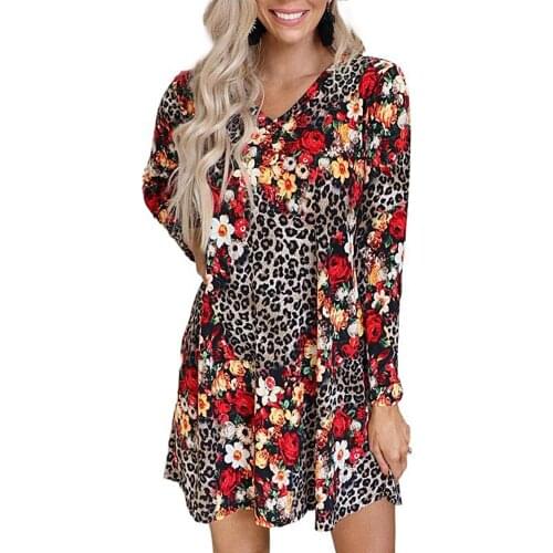 Plus Size Dress Fashion Women Loose Floral Leopard Printed Long Sleeve Party Patchwork Mini Dress