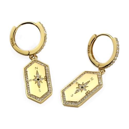 18K Gold Real. 925 Sterling silver CZ Set Eightfold Star Geometric hexagon Piercing Hoop Huggie Earrings C-YE0037