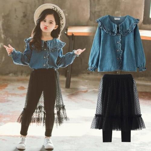 Girls Fashion Shirts Suit 2 Pcs Spring Fall Childrens Cute Ruffles Denim Shirt + Gauze Culottes Pants Sets Kids Clothes B281