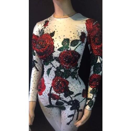 2 Colors Multicolor Rose Flowers Jumpsuit Evening Party Stretch Rhinestones Costume Stage Wear Rhinestone Celebrate Bodysuit