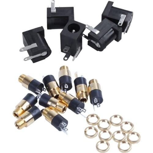 5PCS DC Power Jack Socket Female Panel Mount Connector with 10PCS Female Stereo Panel Mount Jack Solder Connector